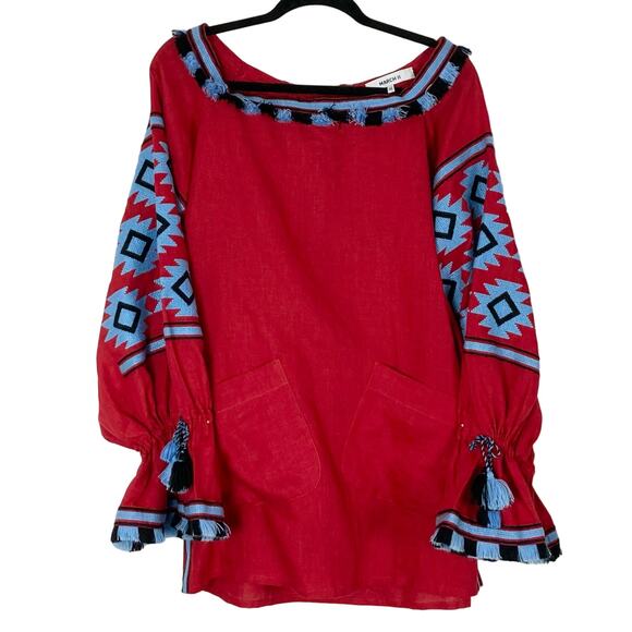 NWOT MARCH 11 Dress XS Tunic Aztec Embroidery Off Shoulder Long Sleeve Tassel - Picture 2 of 15